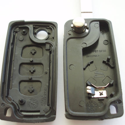 Replacement 3 button flip key case for Peugeot 407 607 307CC remote fob - battery attached to case